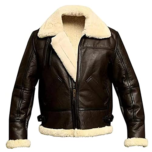 NLAVW Herren Flying Winter Jacket,Shearling Lederjacke Bomber Warm Filling Biker Motorrad Pelz Mantel Jacke,Braun,S von NLAVW