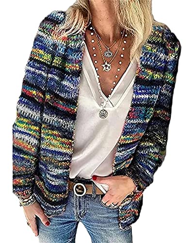 NLAVW Regenbogen-Strickjacke für Damen, Mehrfarbig, gestreift, vorne offen, Herbst-Winter-Strickpullover, übergroße Strickjacke,Blau,3XL NLAVW Regenbogen-Strickjacke für Damen, Mehrfarbig, gestreift, vorne offen, Herbst-Winter-Strickpullover, übergroße Strickjacke,Blau,3XL von NLAVW