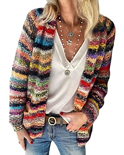 NLAVW Regenbogen-Strickjacke für Damen, Mehrfarbig, gestreift, vorne offen, Herbst-Winter-Strickpullover, übergroße Strickjacke,Rot,3XL NLAVW Regenbogen-Strickjacke für Damen, Mehrfarbig, gestreift, vorne offen, Herbst-Winter-Strickpullover, übergroße Strickjacke,Rot,3XL von NLAVW