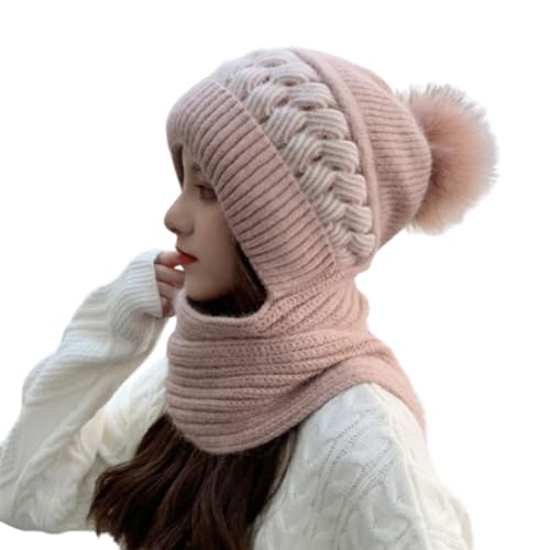 NLIADVY Winddichter Mützenschal mit integriertem Ohrenschutz, Warmer Strickmützenschal für den Winter, Kapuzenschal, Winterstrickmütze für Damen (Pink,One Size) von NLIADVY