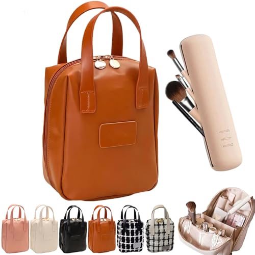 Eretinputc Make-up-Tasche, Lijiali Premium Make-up-Tasche, Kosmetiktasche mit mehreren Fächern für Damen, Reise-Make-up-Organizer-Tasche aus PU-Leder mit Make-up-Pinsel-Tasche (brown) von NNBWLMAEE