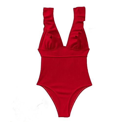 NOGRAX Einteiliger Badeanzug Für Damen Rüschen-Einteiler-Badeanzug, Schulterfrei, Bedruckt, Bademode, Damen, Solide, Tiefe V-Badeanzüge, Sommer-Strandbekleidung-Rot-XL von NOGRAX