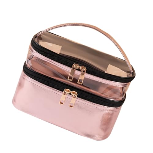 NOLITOY Metallisch Pinke Transparente Doppelschichtige Kosmetiktasche Multifunktionale Wasserfeste Aufbewahrungstasche Für Make up Und Toilettenartikel Ideal Für Reisen Und Handgepäck von NOLITOY