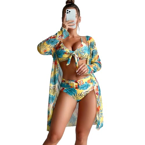 NONGYU Boy-Shorts-Bikini-Set für Damen, 3-teilig, geteilter Badeanzug mit Strand-Up-Badeanzug für Damen, Blumendruck von NONGYU