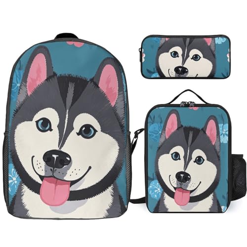 NONHAI Rucksack-Set für Damen und Herren, Husky-Hunde-Muster, Laptop-Rucksack, Lunchtasche, Federmäppchen, Reiserucksack, Stil, Einheitsgröße, Stil, Stil:, Einheitsgröße von NONHAI