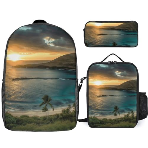 NONHAI Rucksack-Set für Damen und Herren, Sonnenaufgang über Hanauma Bay Oahu Hawaii, Laptop-Rucksack, Lunchtasche, Federmäppchen, Reiserucksack, Stil, Einheitsgröße, Stil, Stil:, Einheitsgröße von NONHAI