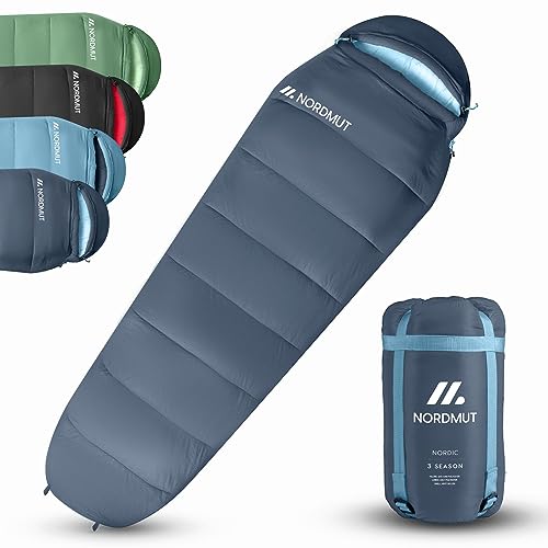 NORDMUT® Schlafsack 3-Jahreszeiten [300 GSM] weich & komfortabel | Schlafsack Outdoor | Sleeping Bag kombinierbar | Mumienschlafsack [1600g] ideal für Outdoor, Camping, Trekking und Reisen von NORDMUT