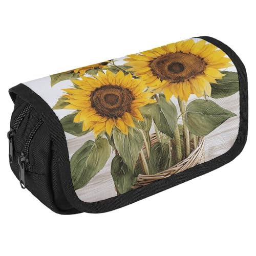 NQHJT Federmäppchen, verführerische Sonnenblumen, Sommer, großes Fassungsvermögen, Doppelreißverschluss, Aufbewahrungstasche, 2 Fächer, tragbar, multifunktional, Schreibtisch-Organizer, Marker, von NQHJT