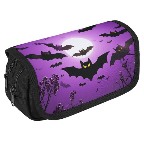 NQHJT Federmäppchen Halloween fliegende lila Fledermäppchen Große Kapazität Federmäppchen Doppelreißverschluss Aufbewahrungstasche 2 Fächer Tragbare Multifunktionstasche Schreibtisch Organizer Marker von NQHJT