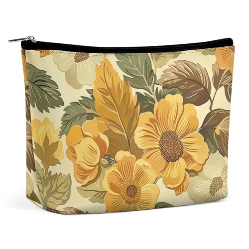 NQLYUT Make-up-Tasche, tragbare Kosmetiktasche, Blumen und weiße Vögel, Kulturbeutel, Make-up-Organizer, große Kapazität, Reißverschluss-Tasche, Reise-Kulturbeutel für Damen und Herren, Große Blumen von NQLYUT