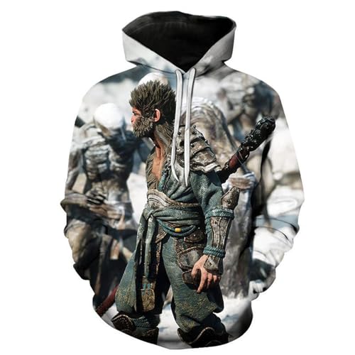 NQYZZFA Herren Sweatshirts Black-Myth Wu-Kong Hoodies 3D Monkey King Hoodies Kordelzug Langarm Pullover Tops Mit Taschen Unisex Streetwear Halloween Kleidung,XL,B von NQYZZFA