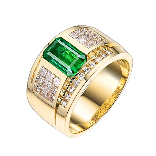 NTALJC Gelbgold-Ring 18 Karat Herren, Versprechensring Herren breiter Ring 2 Karat rechteckiger, im Labor hergestellter Smaragd mit 1,45 Karat Moissanit Ring Gold von NTALJC