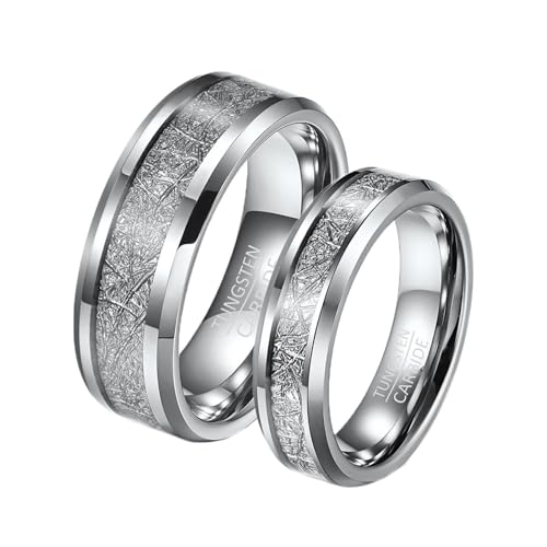 NTALJC Paarringe, Versprechensringe-Set, Ringe für Sie und Ihn, Hochzeit, Wolfram, 6/8 mm, poliert, runde Einlage, Metallfolie, Silber von NTALJC