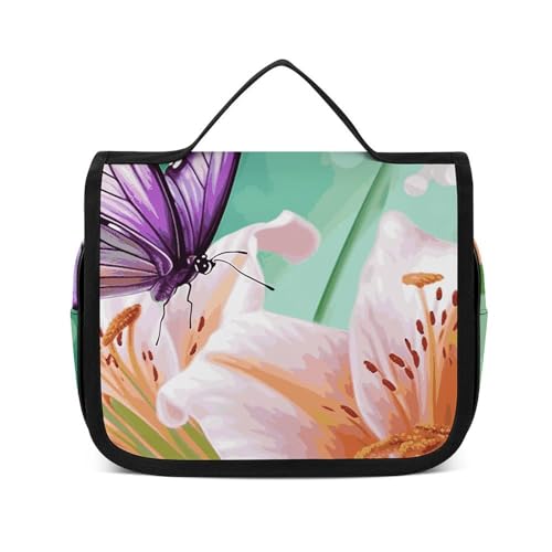 NTVOWPZO Kulturbeutel für Damen, Reise-Kulturbeutel, Lilien und Schmetterlinge, Kosmetik-Organizer, Make-up-Tasche, Stil, 22,5 x 18,5 cm, Stil, 22,5 x 18,5 cm, Stil:, 22.5x18.5cm von NTVOWPZO