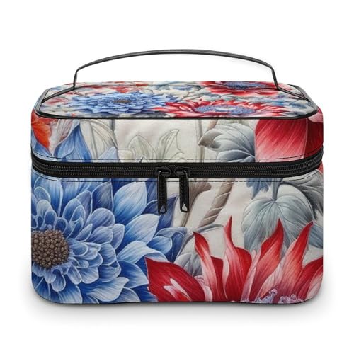 NTVOWPZO Make-up-Tasche mit Griff, rote und blaue Blumen, Reise-Make-up-Organizer, Kulturbeutel für Damen, Stil, 25 x 18 x 15 cm, Stil, 25 x 18 x 15 cm, Stil:, 25x18x15cm von NTVOWPZO