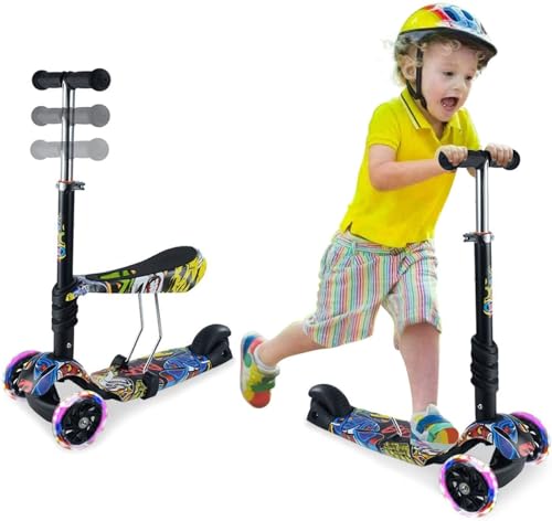 3-in-1 Kinder Roller Scooter mit Abnehmbarem Sitz und LED Leuchträdern Rollen|Höhenverstellbarer Kinderroller Mit Hinterradbremse für Kleinkinder Jungen Mädchen ab 2 Jahre（Graffiti） von NUKied