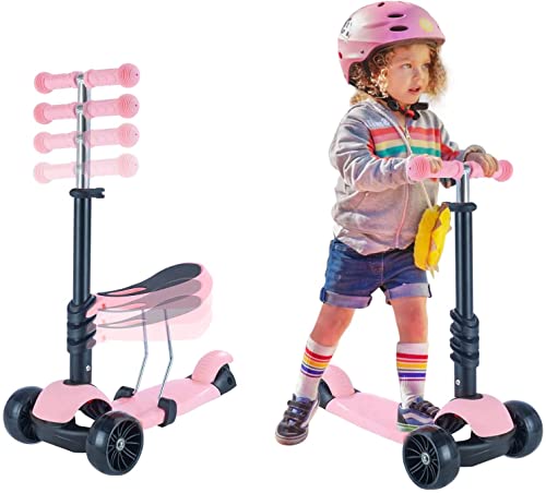 Kinder Roller| Tretroller Kinder mit Abnehmbarem Sitz | Höhenverstellbarer Kinderroller mit Leuchträdern Kinderscooter für Jungen und Mädchen (Rosa) von NUKied