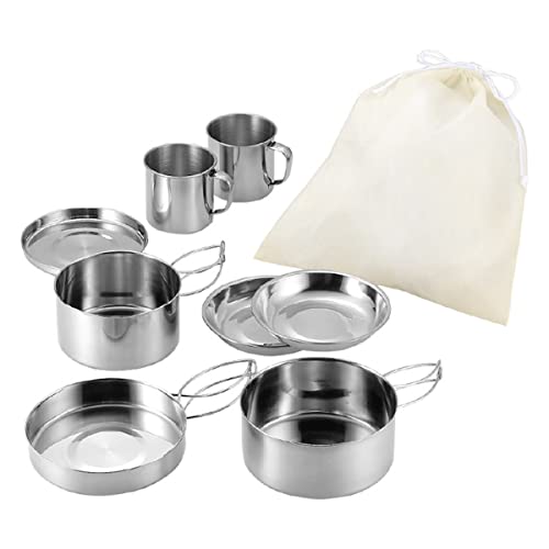 NUZAMAS 8er Set 410 Edelstahl Kochgeschirr Set Outdoor Topf Set Camping Kochgeschirr Set Camping Zubehör mit Aufbewahrungstasche Tragbares Picknick Kochset für Rucksackreisen Wandern von NUZAMAS