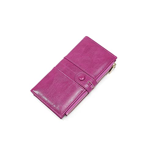NVNVNMM Damen Geldbörsen Ölwachs Brieftaschen für Frauen Lange Geldbörsen Große Kapazität Doppel Reißverschluss Brieftasche Kupplung Dame Geldbörse(Purple) von NVNVNMM