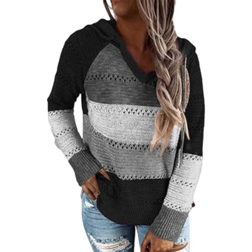 NWBZBH Damen-Kapuzenpullover mit Farbblockmuster und Streifen für den Herbst, Trendige Sweatshirts (Large,Black) von NWBZBH