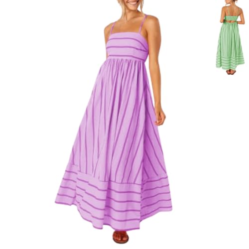 NWBZBH Gestreiftes Kleid für Damen, verlängertes Kleid mit ärmellosen Hosenträgern und offenem Rücken (Medium,Purple) von NWBZBH