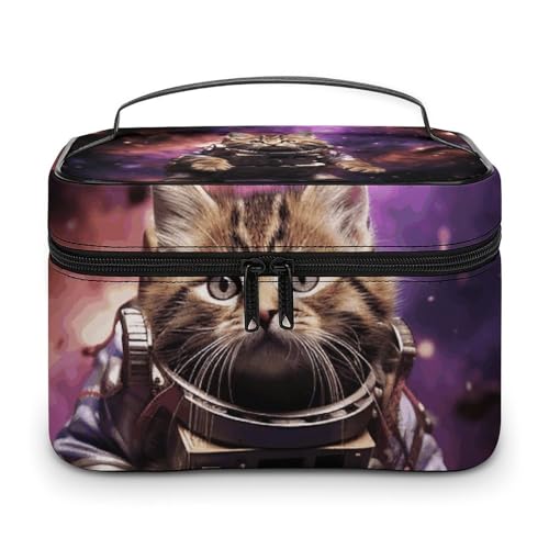 NWTRJ Make-up-Tasche mit Katze im Weltraum, tragbar, wasserdicht, PU-Leder, Make-up-Pinselhalter, Kulturbeutel für Damen, Stil, 25 x 18 x 15 cm, Stil:, 25x18x15cm von NWTRJ