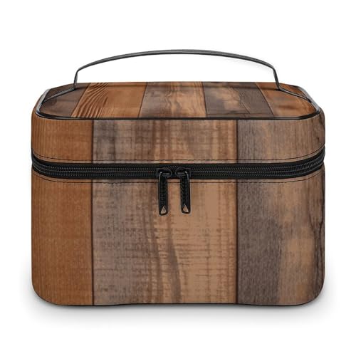 NWTRJ Reise-Make-up-Tasche aus Holz, tragbar, wasserdicht, Kosmetiktasche, PU-Leder, Make-up-Pinselhalter, Kulturbeutel für Damen, Stil, 25 x 18 x 15 cm, Braun, Stil:, 25x18x15cm von NWTRJ