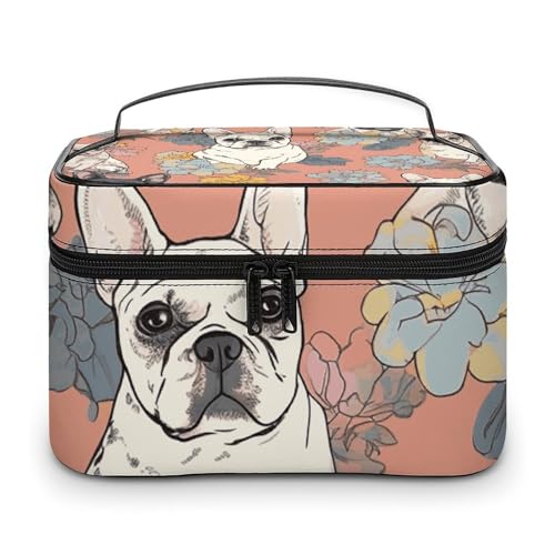 NWTRJ Reise-Make-up-Tasche mit französischer Bulldogge, tragbar, wasserdicht, Kosmetiktasche, PU-Leder, Make-up-Pinselhalter, Kulturbeutel für Damen, Stil, 25 x 18 x 15 cm, Stil:, 25x18x15cm von NWTRJ