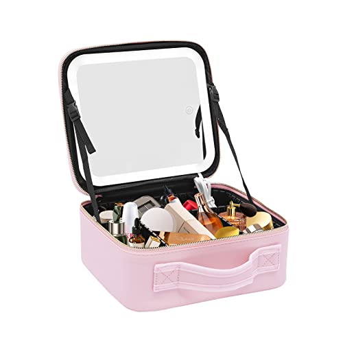 Make-up Tasche,PU Organizer Etui Make up Tragekoffer,Kosmetik Organizer Box,Reise Kosmetiktasche mit Lichtern und Spiegel,Schminktasche Kosmetikkoffer mit Schloss (Pink) von NadineDutol