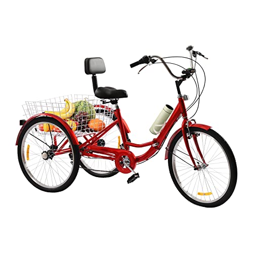 NadineDutol 24 Zoll Folding Dreirad Erwachsene Faltrad Klappfahrrad 7 Gang City Bike mit Einkaufskorb,Großen Korb Rückenlehne Sitz,für Erwachsene/Senioren/Einkaufen/Sport/Freizeit (Rot) von NadineDutol