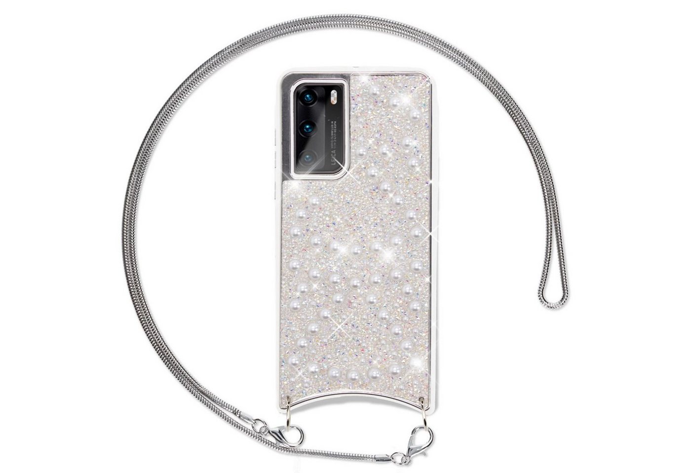 Nalia Handykette Huawei P40, Glitzer Silikon Hülle mit Kette / Glitter Cover / Band zum Umhängen von Nalia