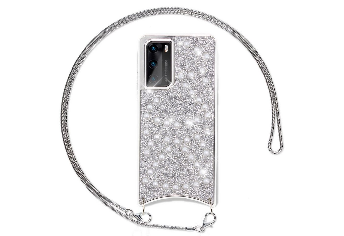 Nalia Handykette Huawei P40, Glitzer Silikon Hülle mit Kette / Glitter Cover / Band zum Umhängen von Nalia