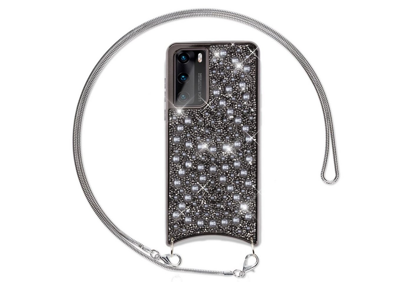 Nalia Handykette Huawei P40, Glitzer Silikon Hülle mit Kette / Glitter Cover / Band zum Umhängen von Nalia