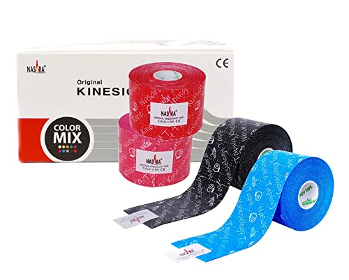 Nasara Original Kinesiologisches Tape. Für Sport und Medizin. 4er Sparset in Einzelboxen, Rollengröße 5cm x 5m. Farben türkisblau, pink, schwarz, rot von Nasara