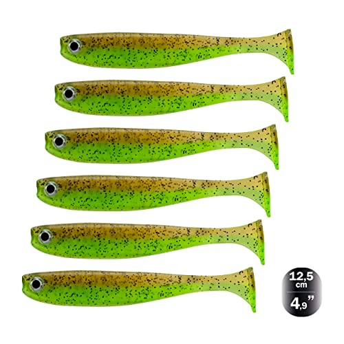 Nasty Bait Gummifisch Mud/Chartreuse Set 6 Stück| 12,5 cm| Gummiköder| Kunstköder| Zanderköder, Hechtköder, Barschköder| UV aktive Modelle| flankende Aktion| 3D Augen| Aussparungen für Offsethaken von Nasty Bait