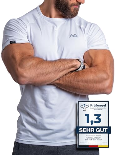 Herren Fitness T-Shirt modal - Männer Kurzarm Shirt für Gym & Training - Passform Slim-Fit, lang mit Rundhals, Weiß, L von Natural Athlet