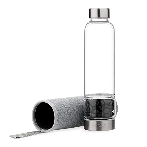 Navaris Wasserflasche mit Obsidian und Neoprenhülle 420ml - Edelsteine Trinkflasche mit Hülle - Kristall Flasche Glasflasche Wasser von Navaris