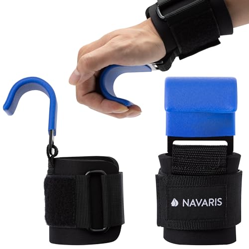 Navaris Zughilfen mit Haken für Krafttraining - Zughilfe Set für Fitness Bodybuilding Gelenkschutz - Profi Kraftsport Straps mit Metallhaken - Blau von Navaris