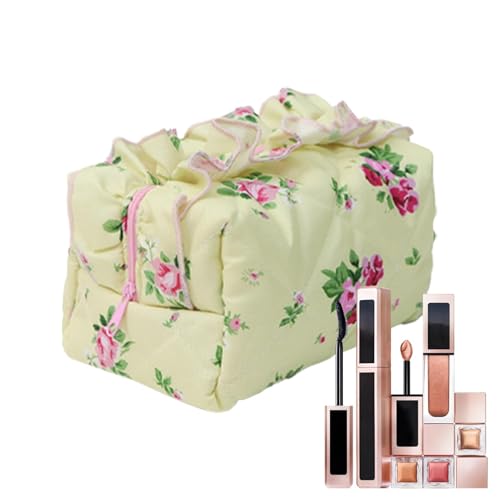 Nbbwwu Kokette Kosmetiktasche, Gesteppte Kosmetiktasche | Rüschen-Blumen-Make-up-Organizer,Stilvoller Kulturbeutel, tragbarer Reise-Make-up-Beutel für Mädchen und Frauen von Nbbwwu