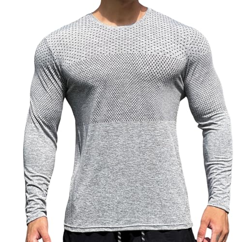 Langarm-T-Shirt Für Fitnessstudio Und Fitness,langärmliges,atmungsaktives Und Feuchtigkeitsableitendes Mesh-Trainingsshirt Für Herren,kühlende Pullover-Oberteile Für Outdoor-Wanderungen (Grau,XL) von Nbzsmlkn