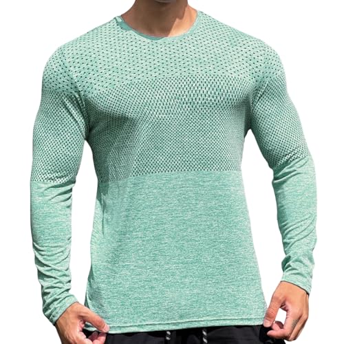 Langarm-T-Shirt Für Fitnessstudio Und Fitness,langärmliges,atmungsaktives Und Feuchtigkeitsableitendes Mesh-Trainingsshirt Für Herren,kühlende Pullover-Oberteile Für Outdoor-Wanderungen (Grün,2XL) von Nbzsmlkn