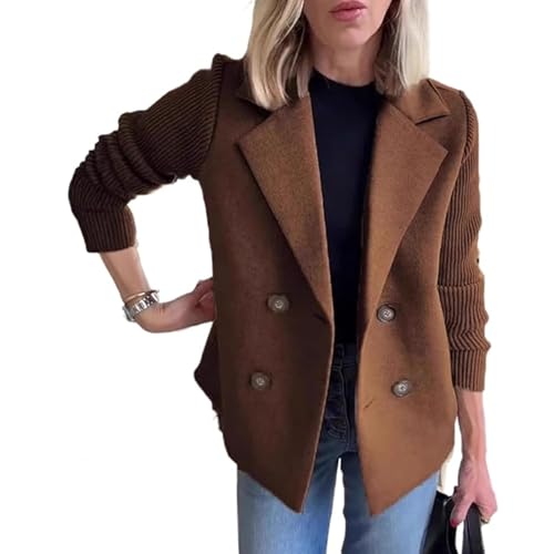 Nbzsmlkn Damen-Freizeitmantel Mit Reversknopf, Gestricktem Patchwork-Ärmel, Kurzer Cabanmantel, Damen-Winter-Casual-Mantel, Zweireihig Gestrickter Patchwork-Blazerpullover (Dunkelbraun,3XL) von Nbzsmlkn