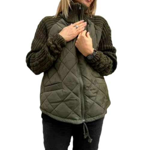 Nbzsmlkn Damen-Pumpjacke Mit Patchwork-Strickmuster, Damen-Langarm-Steppjacke Mit Patchwork-Muster Und Lockerer Passform, Lässige Shacket-Jacke, Gesteppte, Leichte, Kurze Damenjacke (Armeegrün,M) von Nbzsmlkn