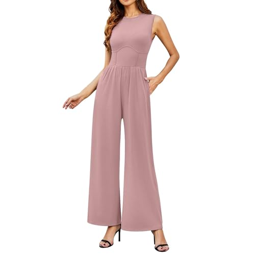 Nbzsmlkn Devine Jumpsuit Mit Rundhalsausschnitt Und Weitem Bein,einfarbige,ärmellose,bauchkontrollierende Einteilerhose,Elegante,lässige Tanktop-Hose Mit Rundhalsausschnitt Und Weitem Bein (Rosa,M) von Nbzsmlkn