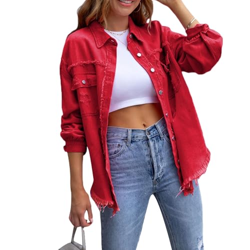 Nbzsmlkn Die Jeansjacke „The Beauty“,übergroße Jeansjacken Für Damen Mit Revers Und Knopfleiste,ausgefranster Shacket-Jeansmantel,Klassische Jacke Mit Revers Und Knopfleiste Im Used-Look (Rot,2XL) von Nbzsmlkn