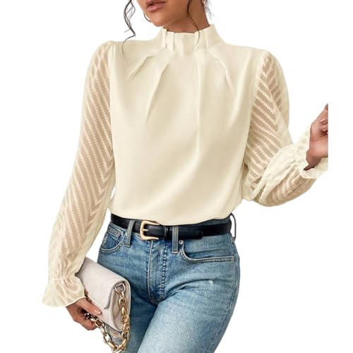 Nbzsmlkn Elegante Bluse, Damenbluse Mit Rollkragen, Plissee-Oberteil, Netzärmel, Volant, Lange Ärmel, Lässig, Locker Sitzend, Einfarbig, Elegante Blusen Fürs Büro (Beige,L) von Nbzsmlkn