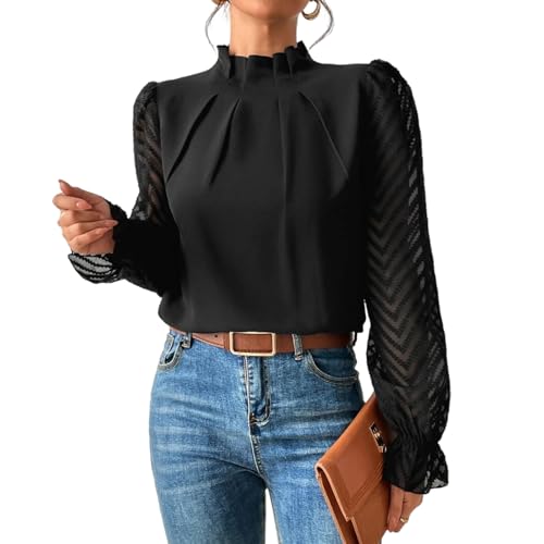 Nbzsmlkn Elegante Bluse, Damenbluse Mit Rollkragen, Plissee-Oberteil, Netzärmel, Volant, Lange Ärmel, Lässig, Locker Sitzend, Einfarbig, Elegante Blusen Fürs Büro (Schwarz,S) von Nbzsmlkn