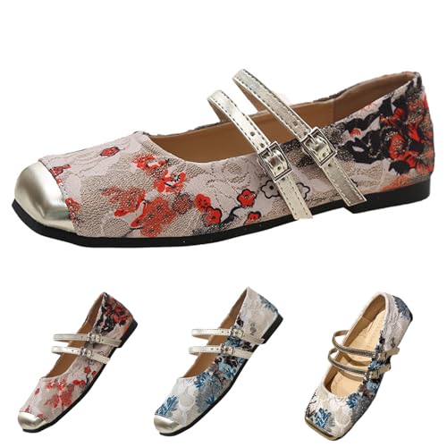 Nbzsmlkn Elegante Schuhe Mit Weicher Sohle Und Doppelschnalle Im Temperament-Print, Ballerinas Mit Quadratischer Zehenpartie Und Fußgewölbeunterstützung Für Damen (Rot,36) von Nbzsmlkn