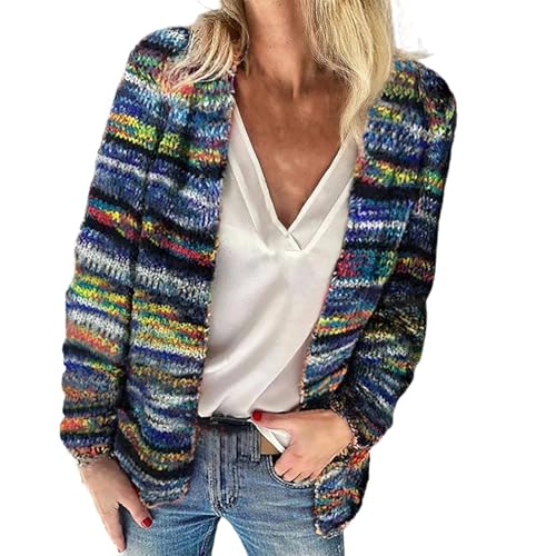 Nbzsmlkn Elegante Strickjacke Von Lauren, Regenbogengestreifte, Mehrfarbige, Langärmlige Strickjacke Mit Zopfmuster Für Damen, Drapierte, Lässige Oberbekleidung Im Kimono-Stil (Blau,M) von Nbzsmlkn