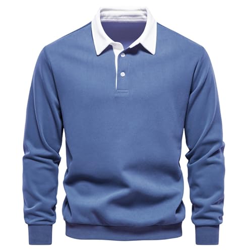 Nbzsmlkn Freizeit-Poloshirt, Langärmlige Poloshirts Für Herren, Hemden Mit Knöpfen, V-Ausschnitt, Farbblock, Reverskragen, Leichtes Sweatshirt, Legeres Poloshirt Mit Knöpfen, Einfarbig (Blau,S) von Nbzsmlkn